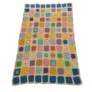 Vintage Handmade Granny Square White Rainbow Crochet Knit Acrylic Afghan Blanket
